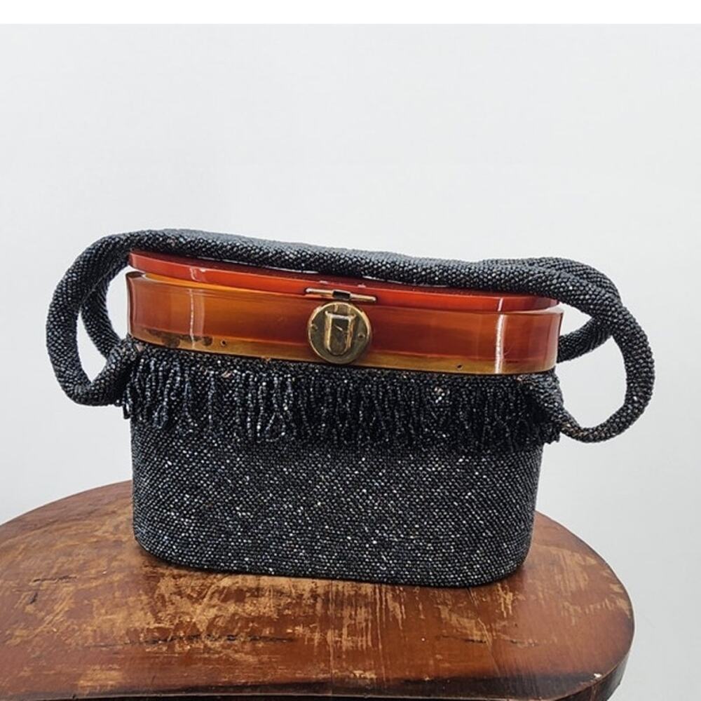 Vintage 1940's Tortoise Bakelite Purse‎ Glass Beads Fair Condition